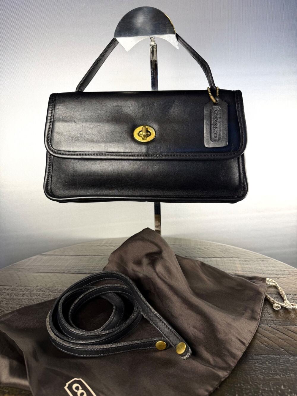 Vintage Coach 9044 Black Leather Geometric Convertible Clutch Bag Crossbody USA